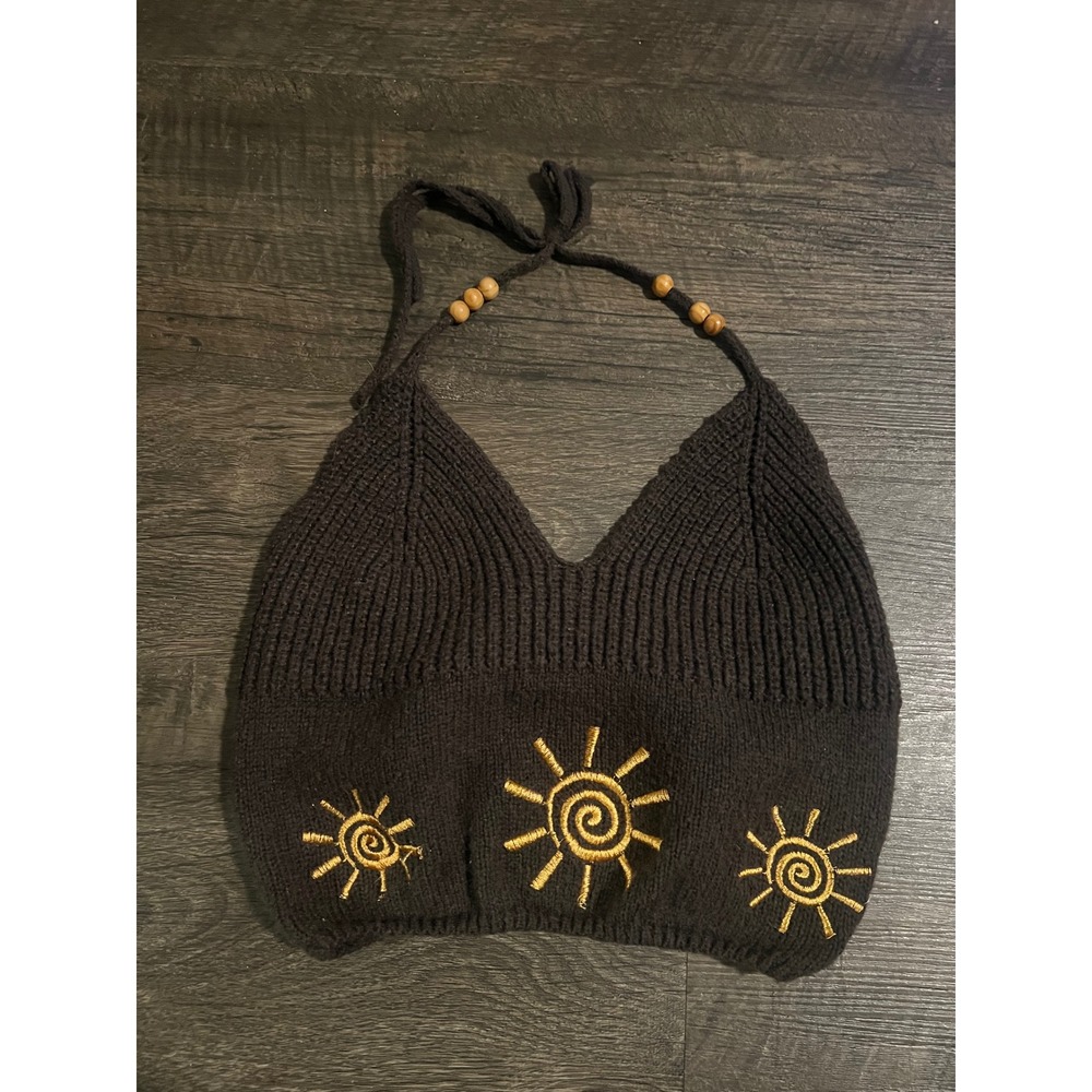 ROMWE Womens Halter Top Sun Embroidery Brown Medium